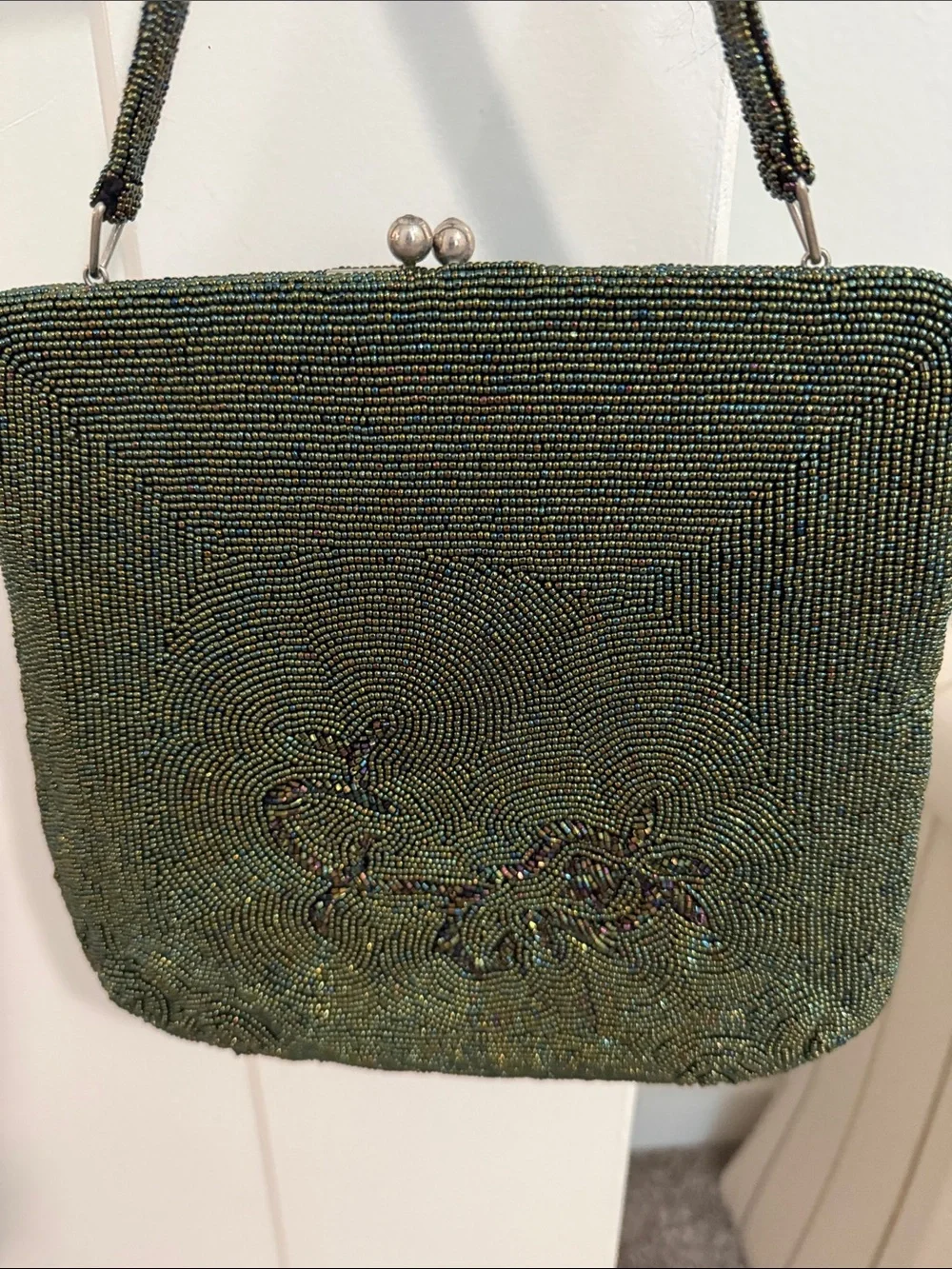 Beaded Antique Evening Handbag in Iridescent Dark Green Beads, etc All Perfect.
